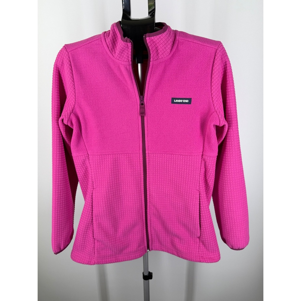 Lands‎ End Womens Pink Mixed Texture Grid Fleece Full Zip Jacket Size M 10-12